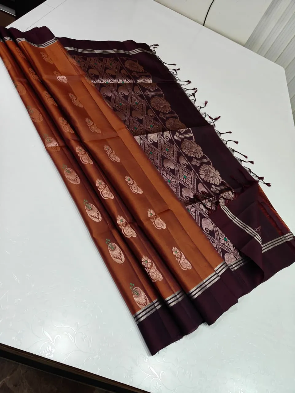 Copper Orange & Plum Purple Banarasi Saree